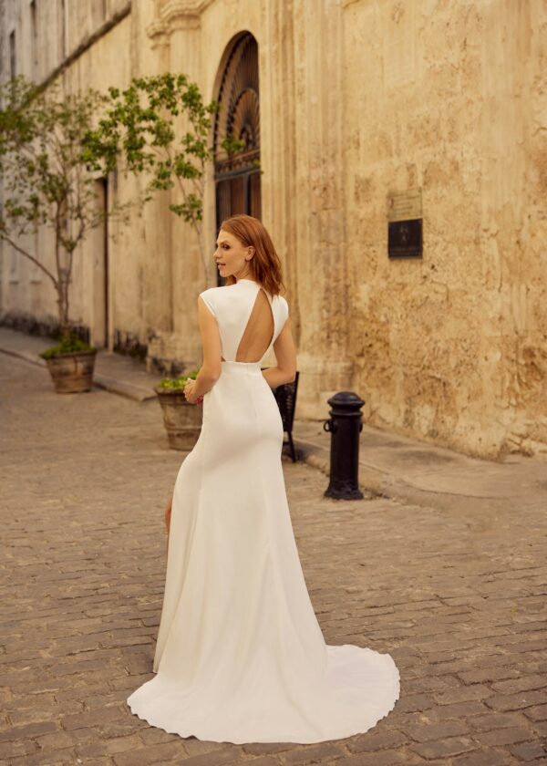 Fit and flare satin wedding dress backside