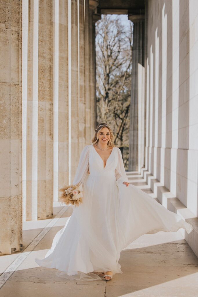 Long sleeve boho wedding dress with V-neckline