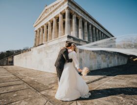 Wedding dress with a long veil