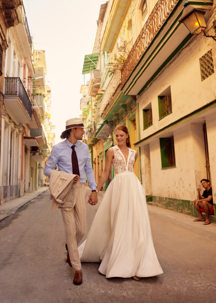 Satin wedding dress with a-line silhouette