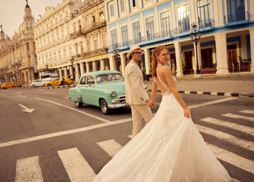 Tulle wedding dress with lace details by GBS Herve Paris