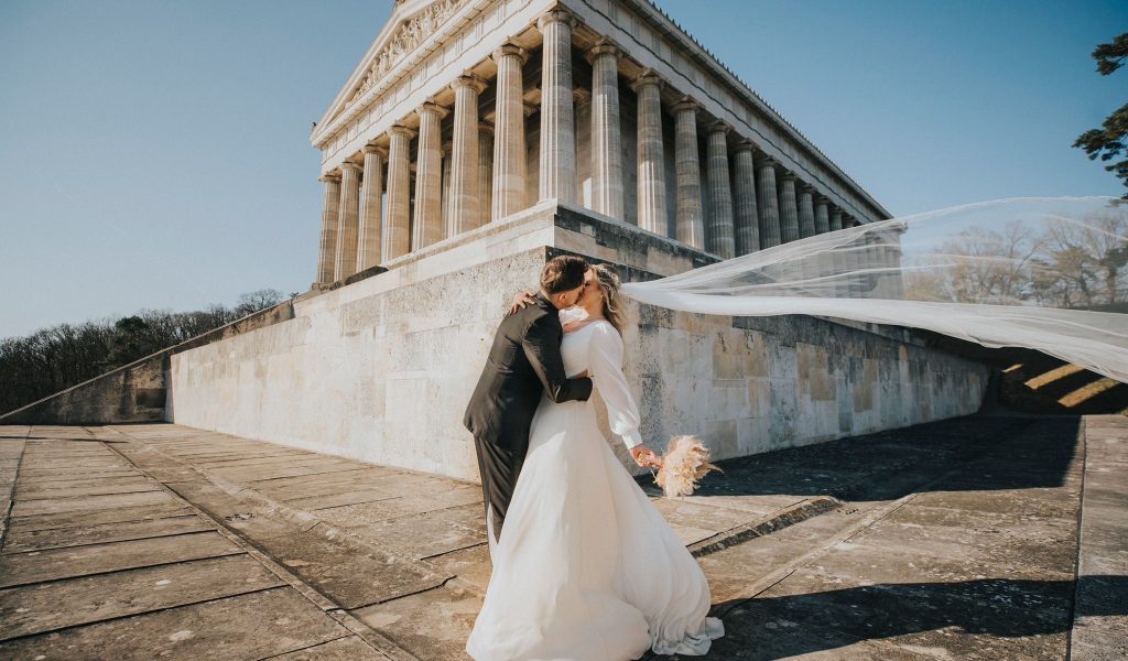 Wedding dress with a long veil